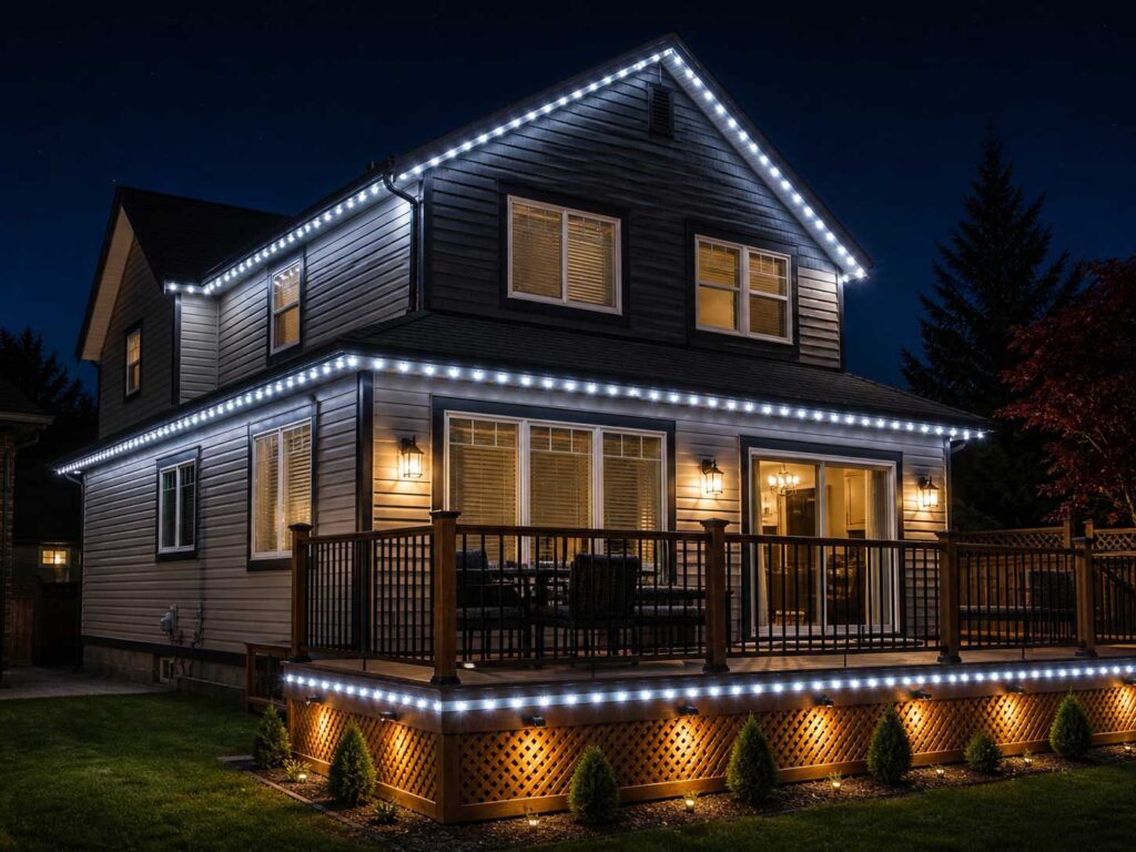 DuraBrite Gem smart LED lights installed on a modern Vancouver home